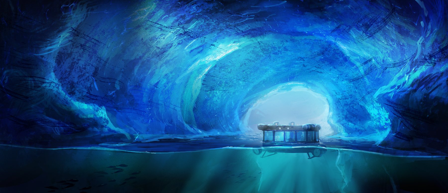 Surfacing inside a cobalt-blue ice cave