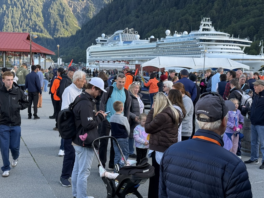 Cruise passengers gathering on the Juneau dock